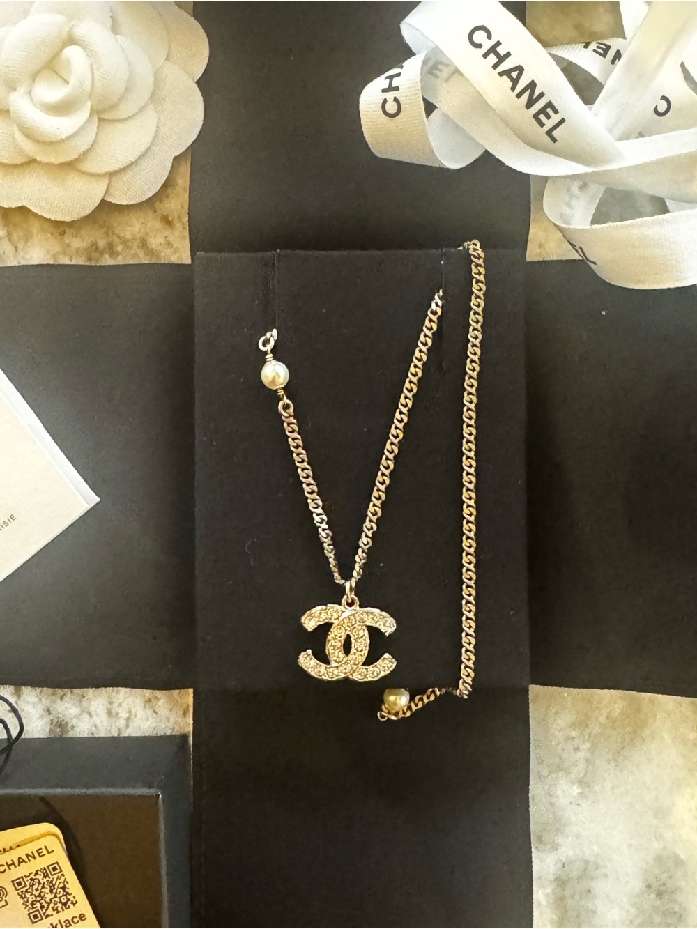 CHANEL Gold CC Logo Chain Necklace with Pearl Accent-21A